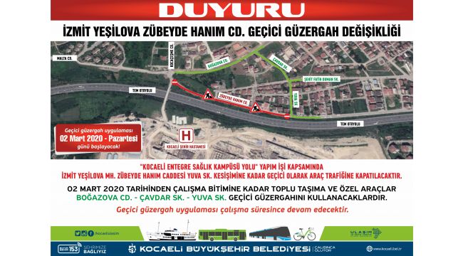 Kocaeli Şehir Hastanesi yolu için geçici güzergah oluşturuldu