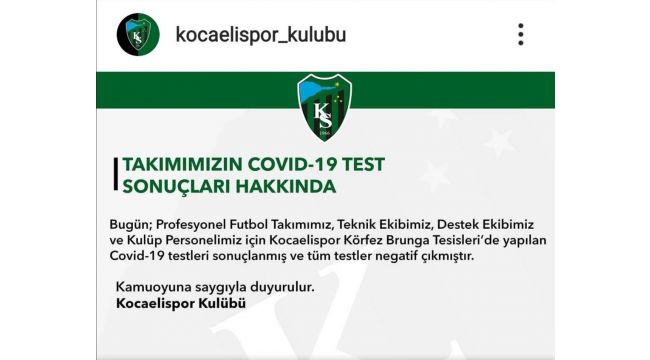 Kocaelispor'da korona virüs testleri negatif çıktı