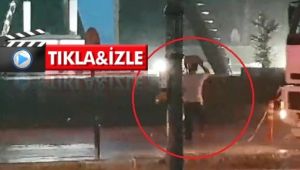 Yağmur suyu ile dolan yol çalışmasına böyle düştü