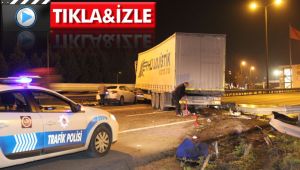 Otomobil ile çarpışan tır bariyerleri parçaladı