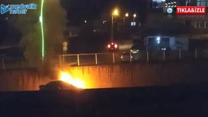 İstinat duvarına çarpan otomobil alev alev yandı