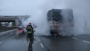 Tomruk yüklü tırda çıkan yangın korkuttu