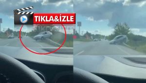 Kontrolden çıkan otomobil bariyerlerde asılı kaldı