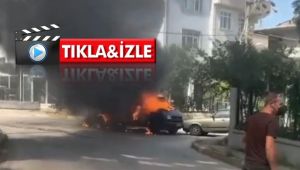 Otomobile çarpan minibüs alev alev yandı