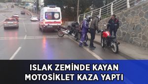 Islak zeminde kayan motosikletin sürücüsü yaralandı