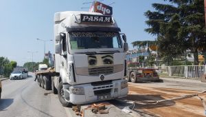 Direksiyonu kilitlenen tır direğe çarptı