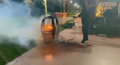 Sahildeki çöp konteynerini ateşe verdiler