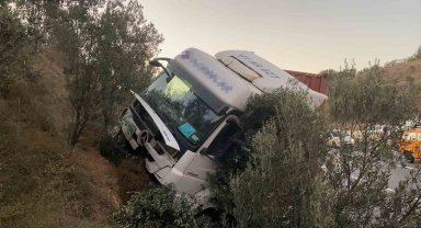 Kontrolden çıkan tır ağaçlık alana daldı, sürücü yaralandı