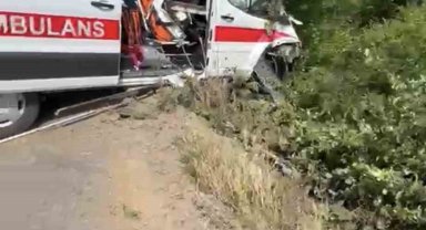Hasta taşıyan ambulans yoldan çıkarak yeşillik alana savruldu